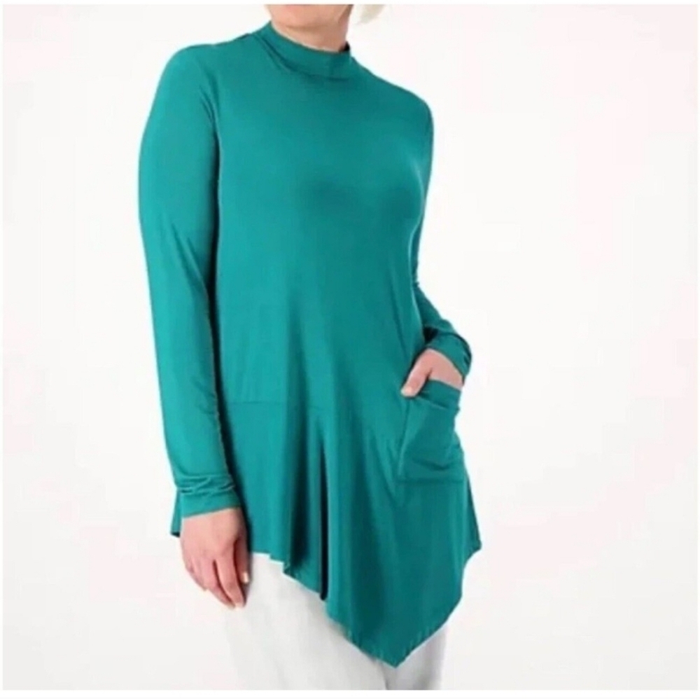 LOGO by Lori Goldstein Women's Asymmetric Hemline Shirt Hunter Green Size XL